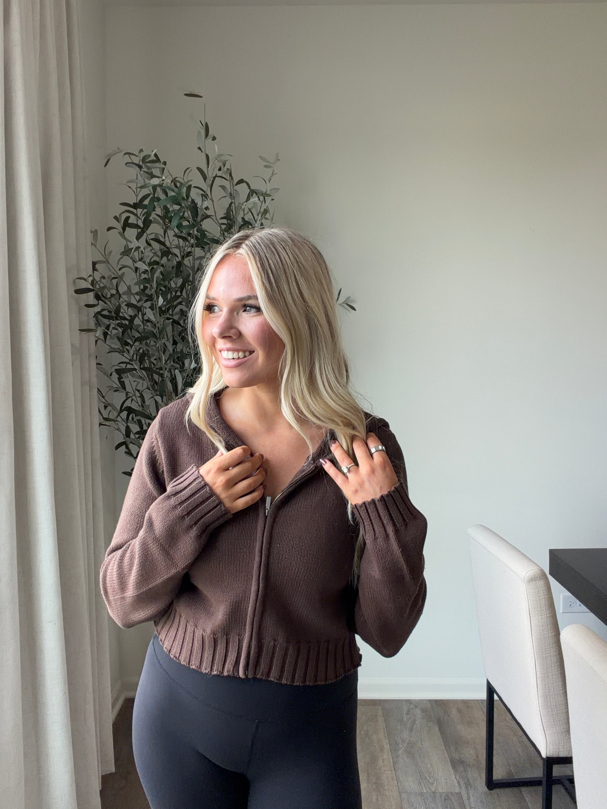 Greta Cropped Zip Up Hoodie - Brown