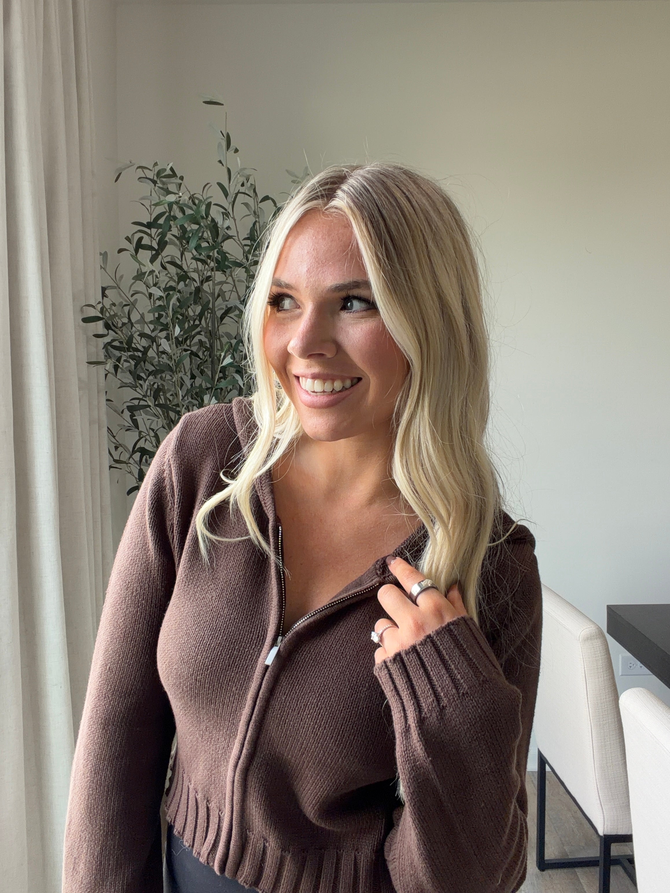 Greta Cropped Zip Up Hoodie - Brown