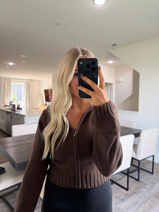 Greta Cropped Zip Up Hoodie - Brown
