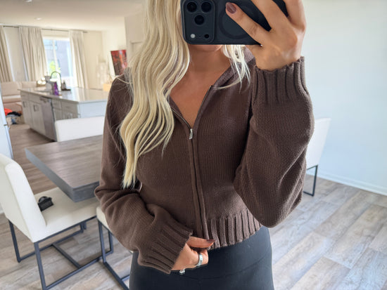 Greta Cropped Zip Up Hoodie - Brown