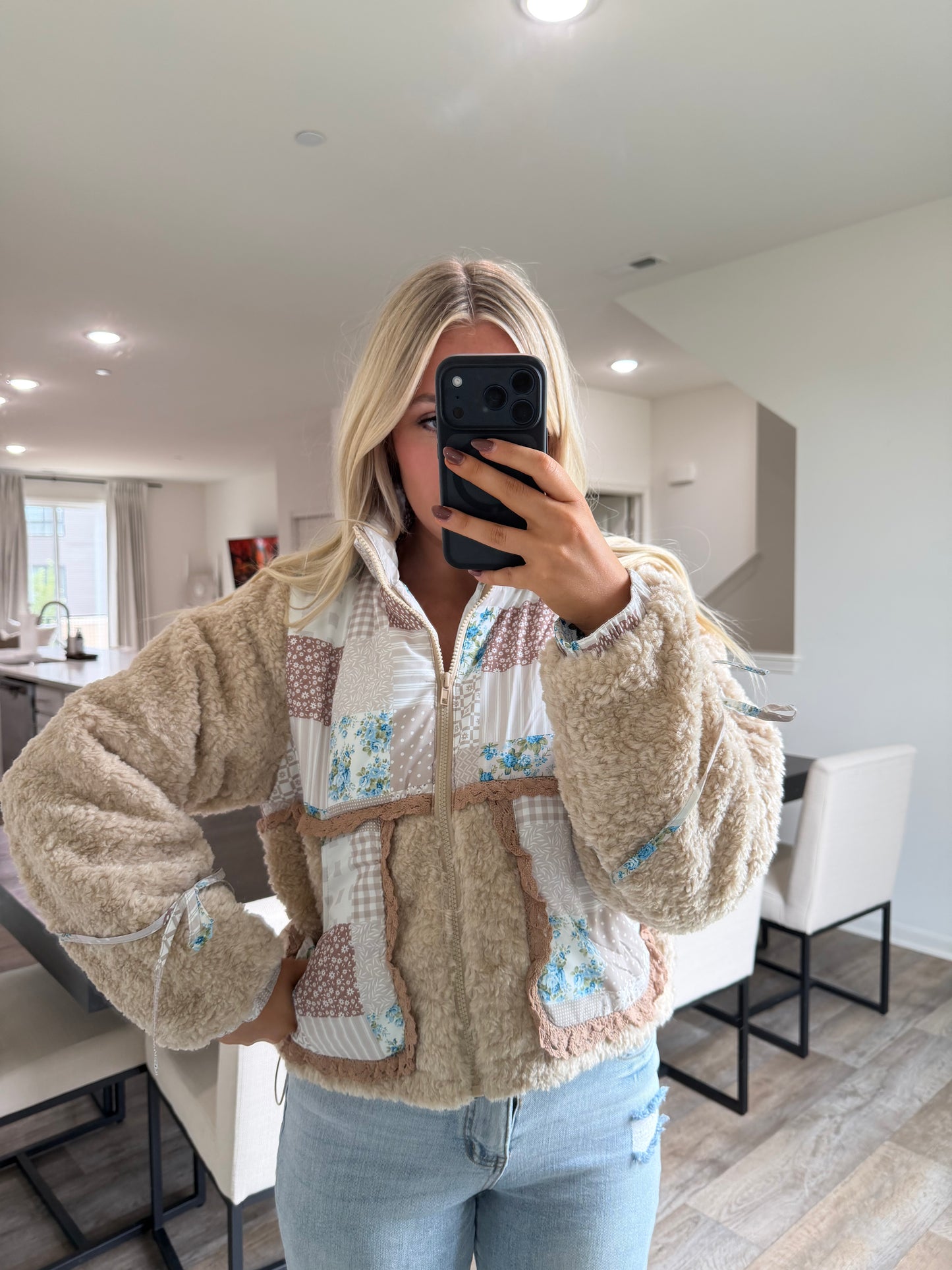 Chloe Print ColorBlock Ruffle Sherpa Jacket - Taupe/Multi