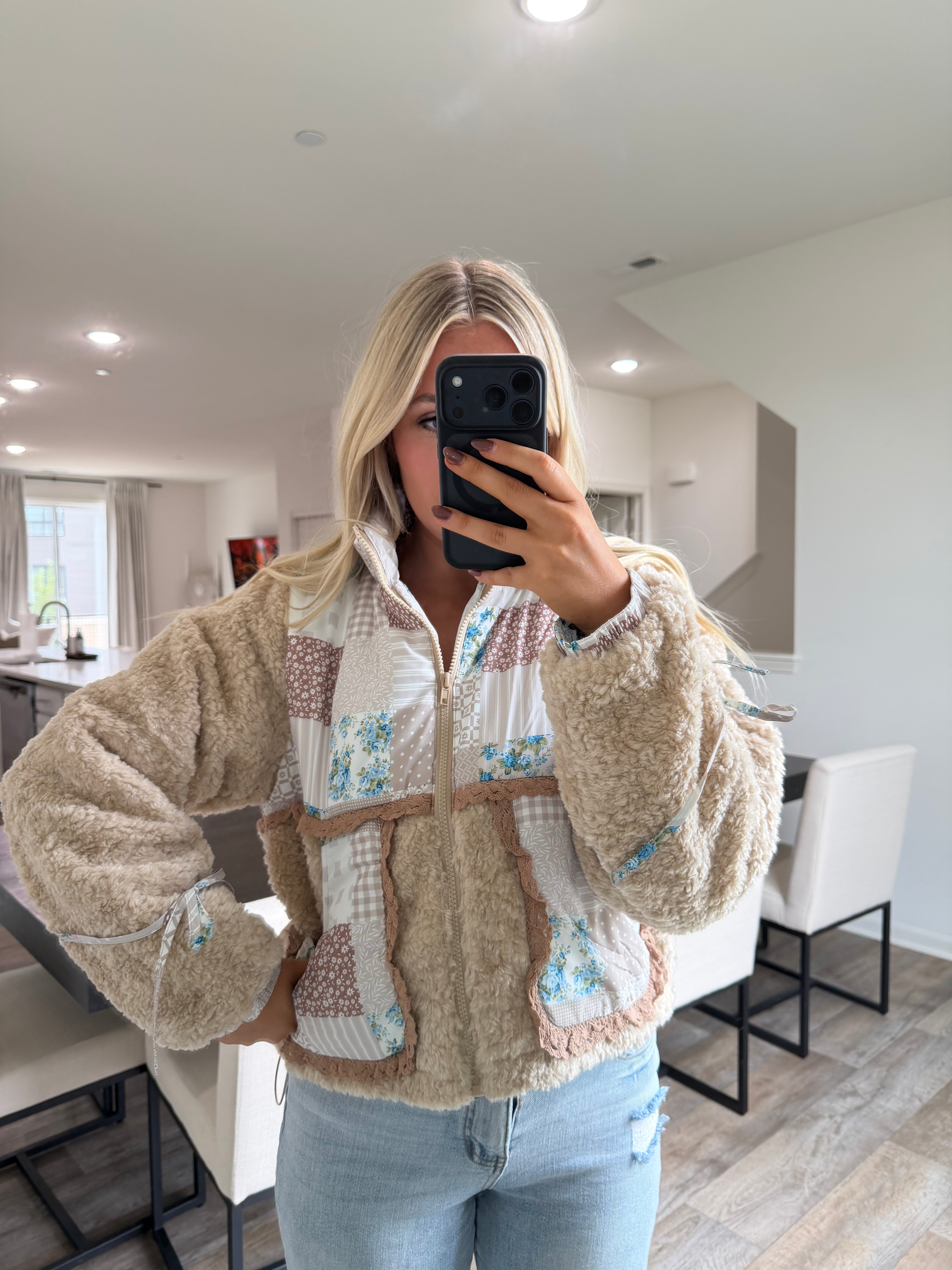 Chloe Print ColorBlock Ruffle Sherpa Jacket - Taupe/Multi