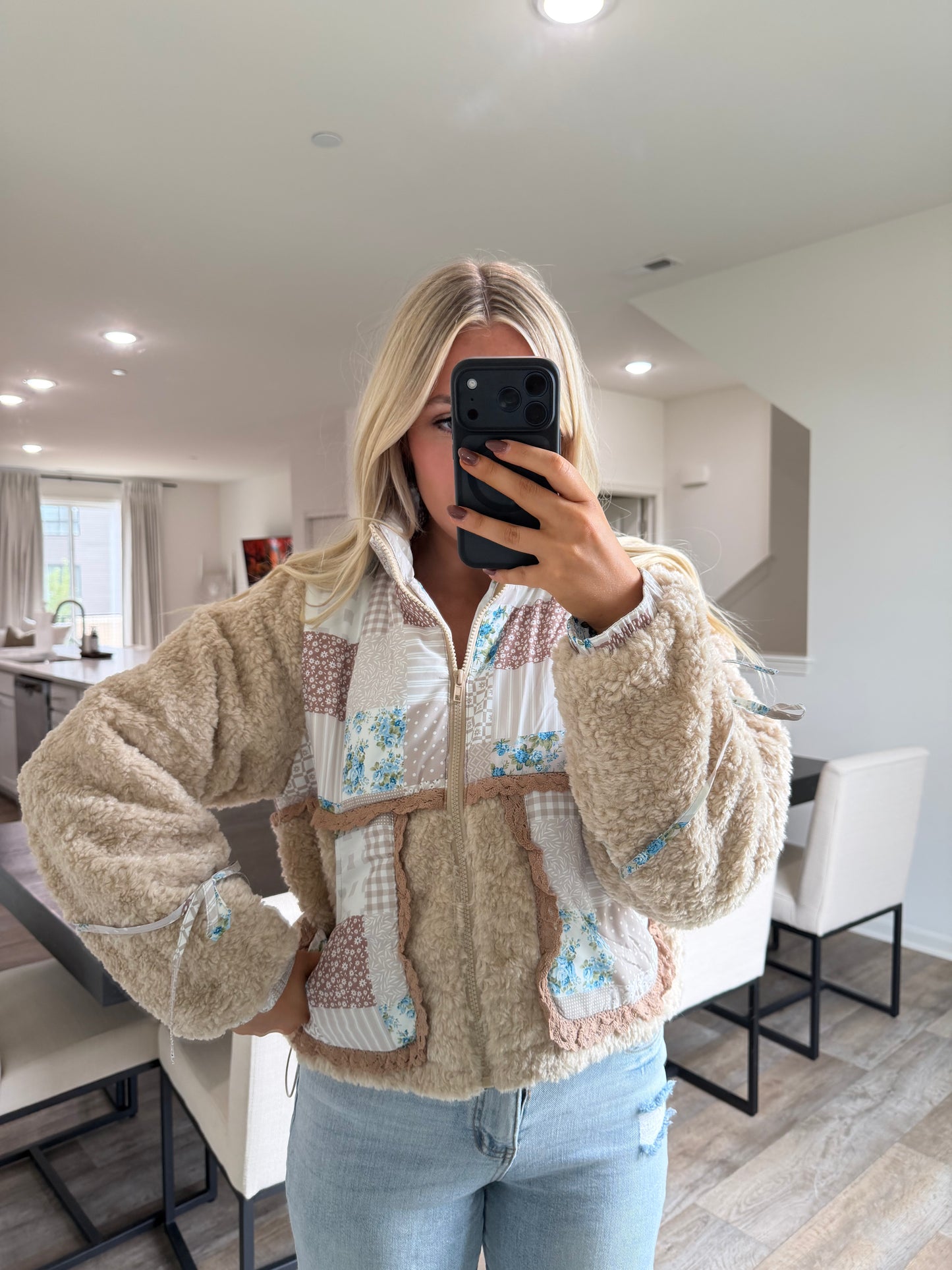Chloe Print ColorBlock Ruffle Sherpa Jacket - Taupe/Multi