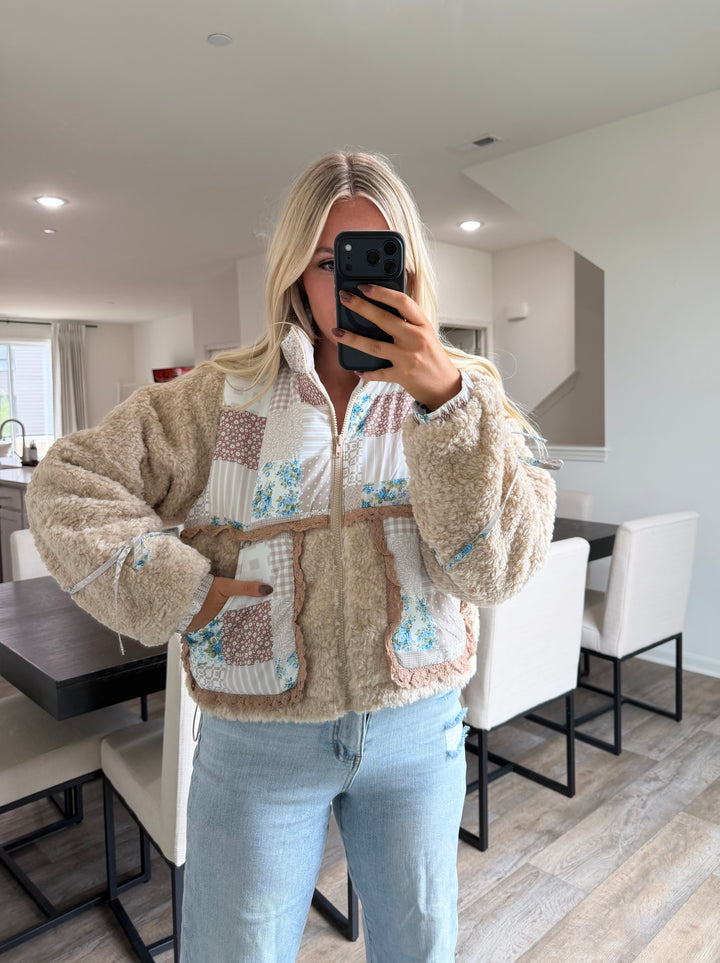 Chloe Print ColorBlock Ruffle Sherpa Jacket - Taupe/Multi