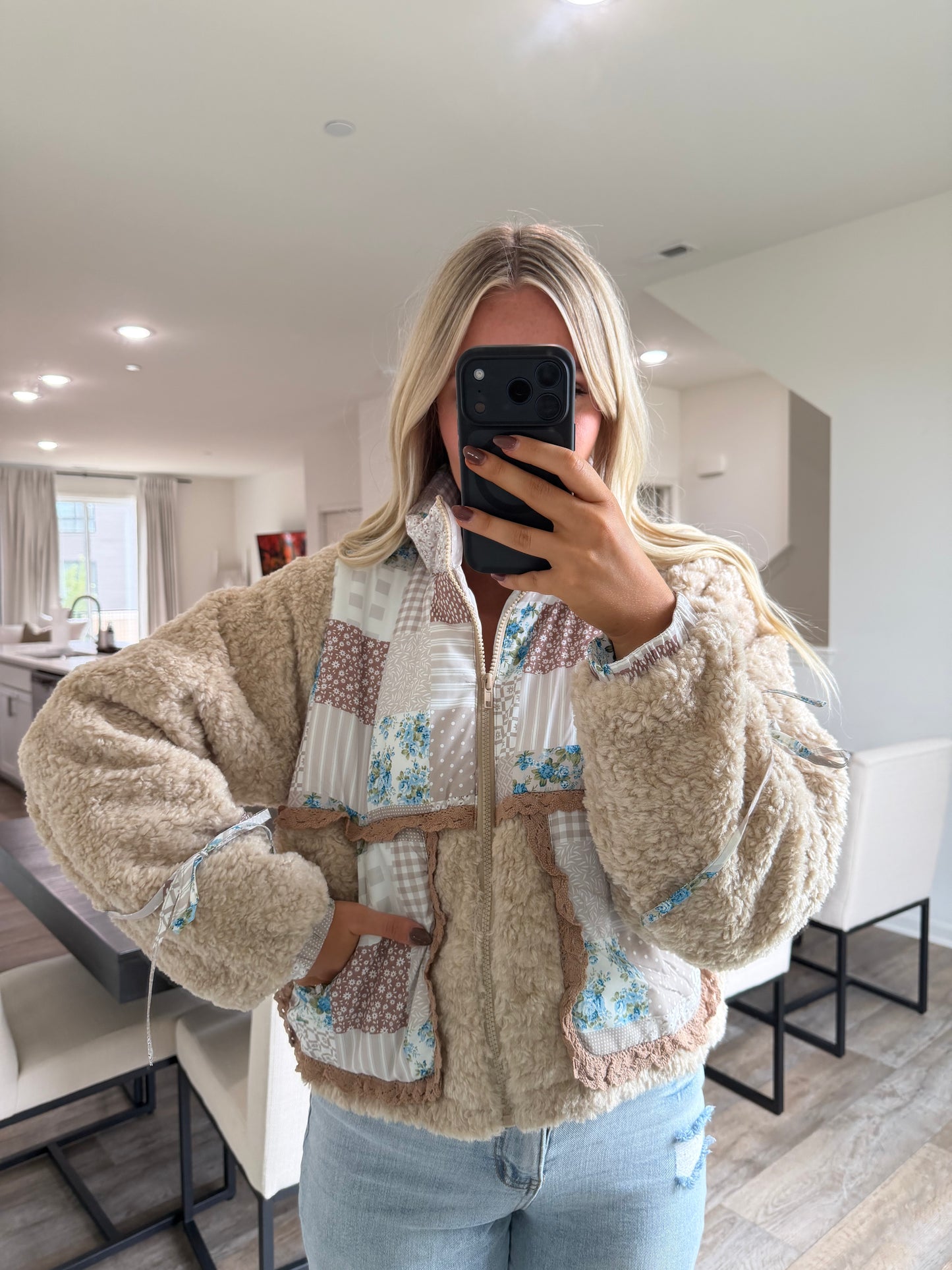 Chloe Print ColorBlock Ruffle Sherpa Jacket - Taupe/Multi