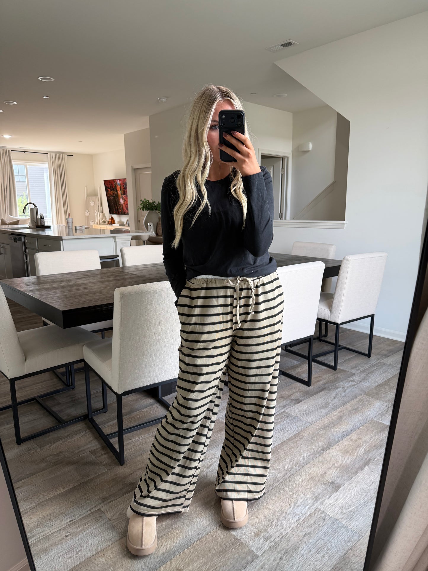 Kate Striped Knit Drawstring Lounge Pants - Taupe/Black