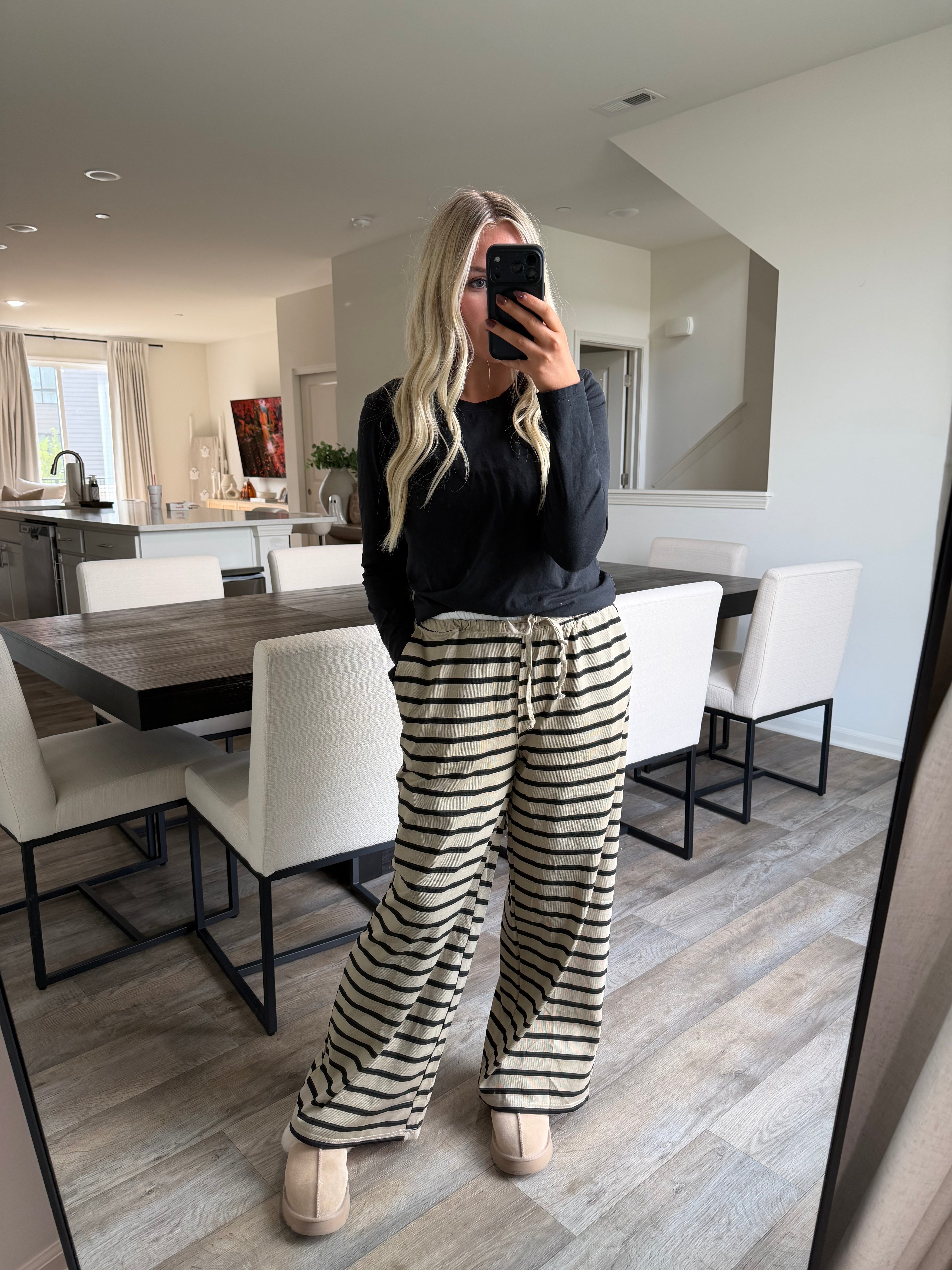 Kate Striped Knit Drawstring Lounge Pants - Taupe/Black