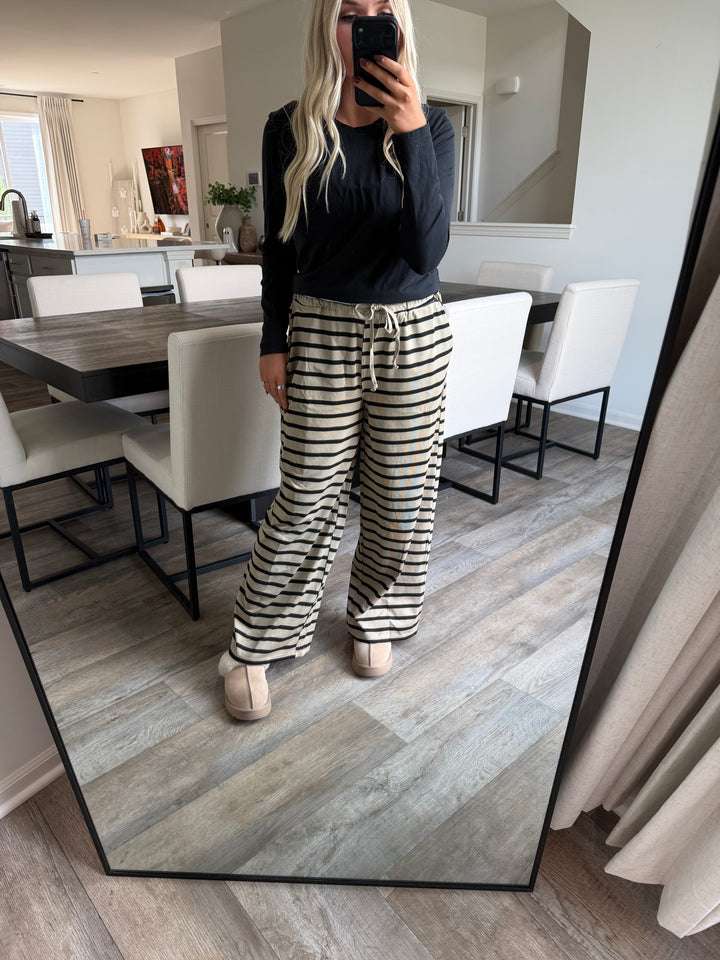 Kate Striped Knit Drawstring Lounge Pants - Taupe/Black