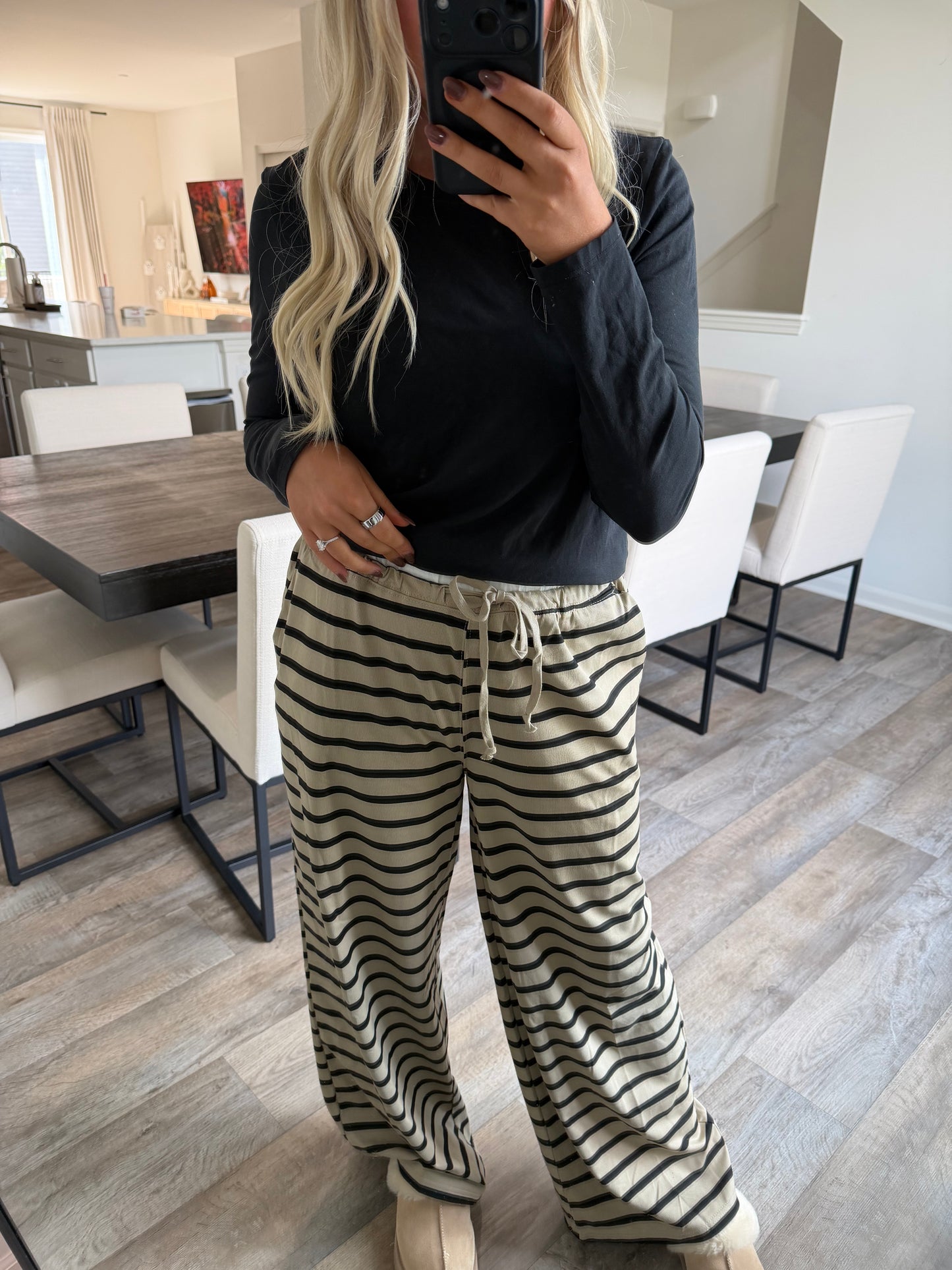 Kate Striped Knit Drawstring Lounge Pants - Taupe/Black