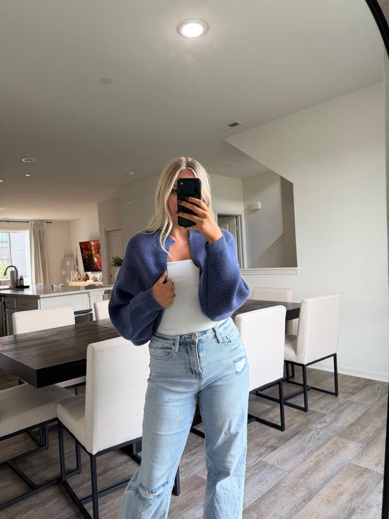 Nicole Ribbed Balloon Sleeve Bolero Cardigan - Navy