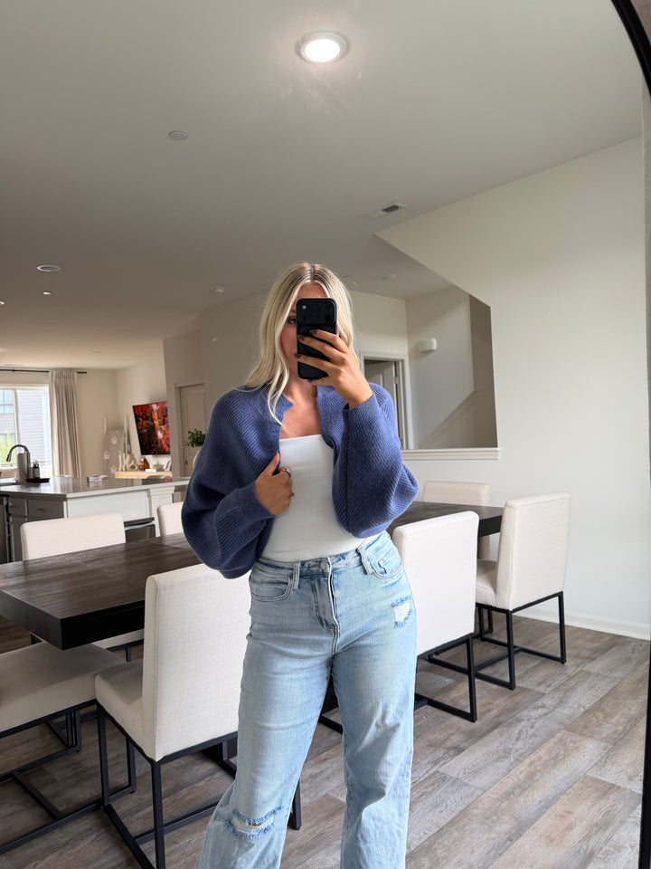 Nicole Ribbed Balloon Sleeve Bolero Cardigan - Navy