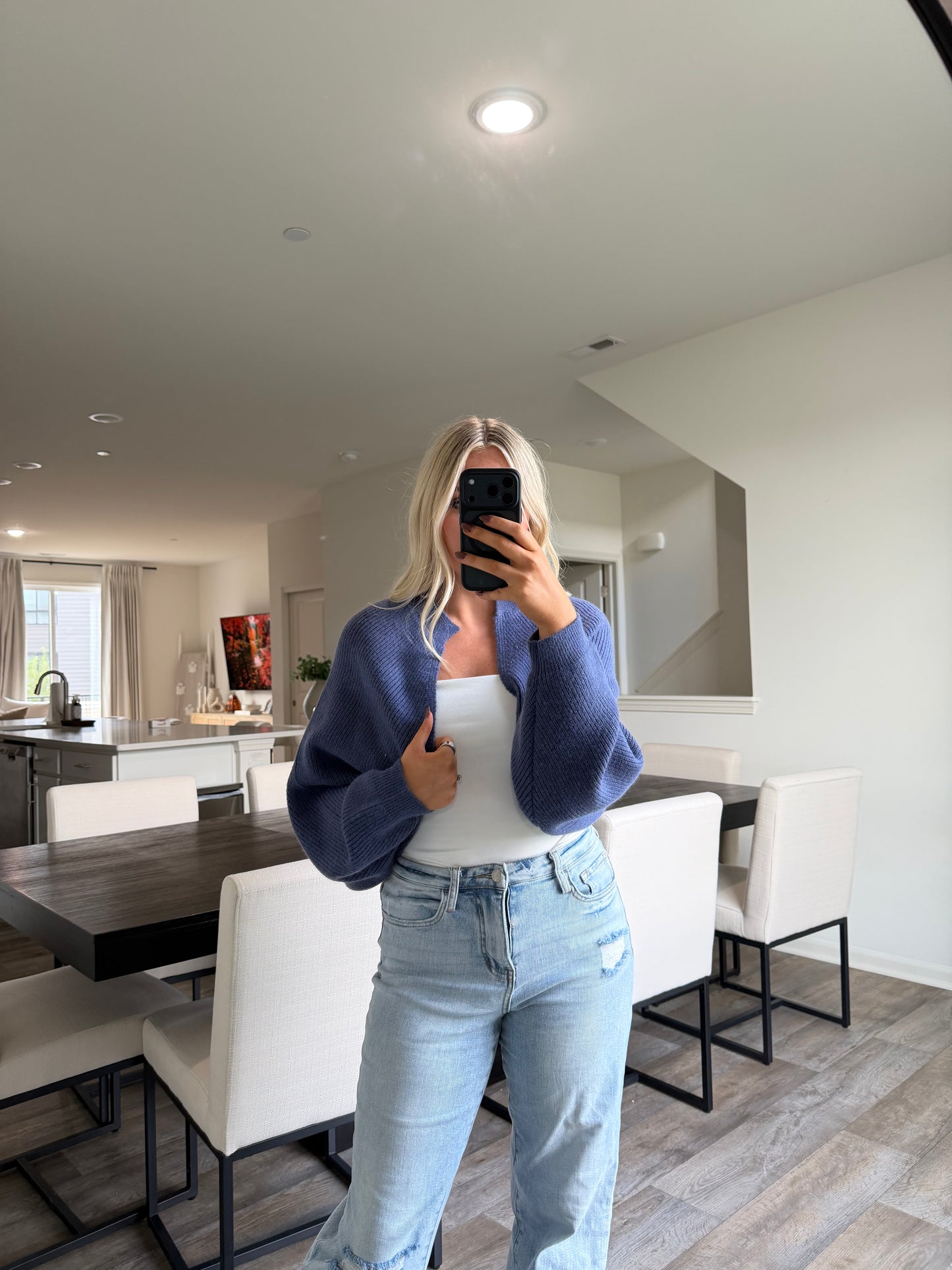 Nicole Ribbed Balloon Sleeve Bolero Cardigan - Navy
