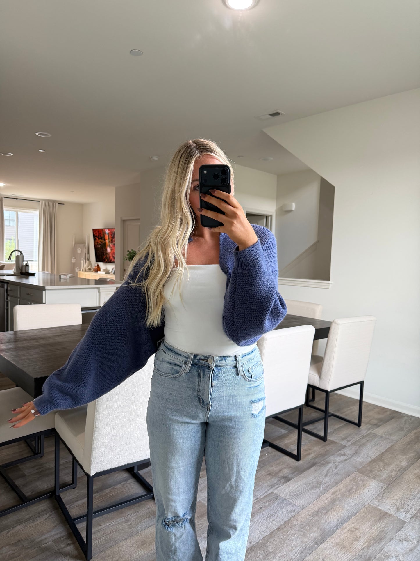 Nicole Ribbed Balloon Sleeve Bolero Cardigan - Navy