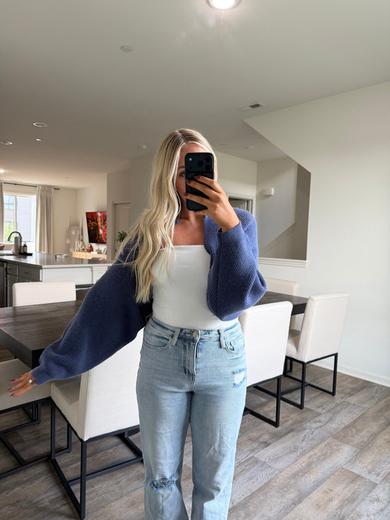 Nicole Ribbed Balloon Sleeve Bolero Cardigan - Navy