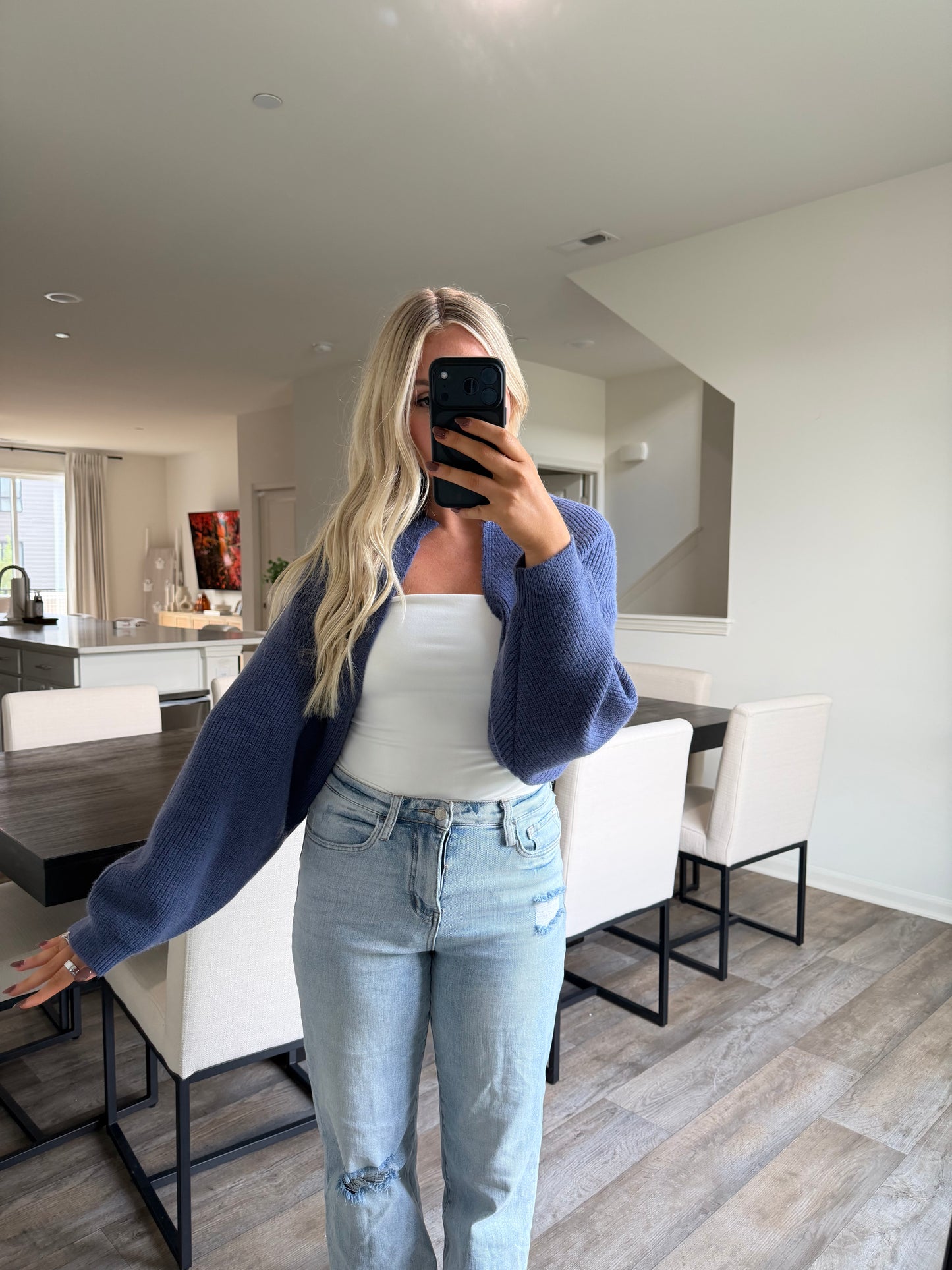 Nicole Ribbed Balloon Sleeve Bolero Cardigan - Navy