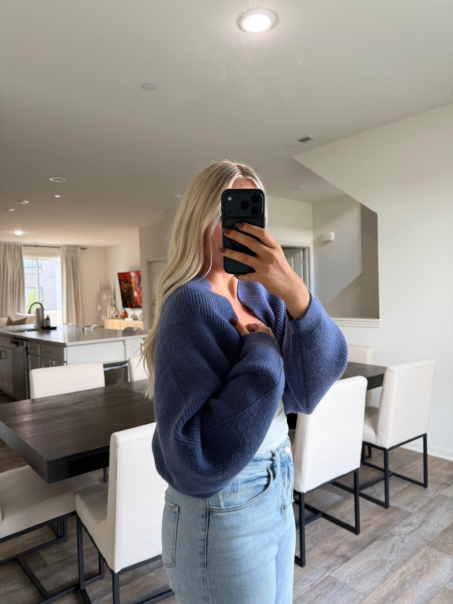 Nicole Ribbed Balloon Sleeve Bolero Cardigan - Navy