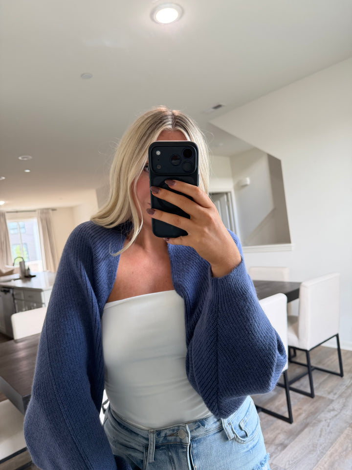 Nicole Ribbed Balloon Sleeve Bolero Cardigan - Navy