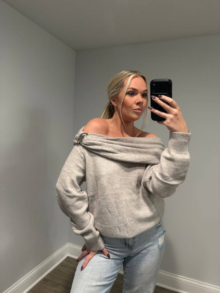 Emory Off thee Shoulder Buckle Sweater - Gray