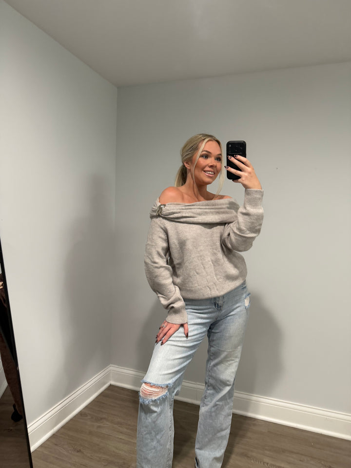 Emory Off thee Shoulder Buckle Sweater - Gray